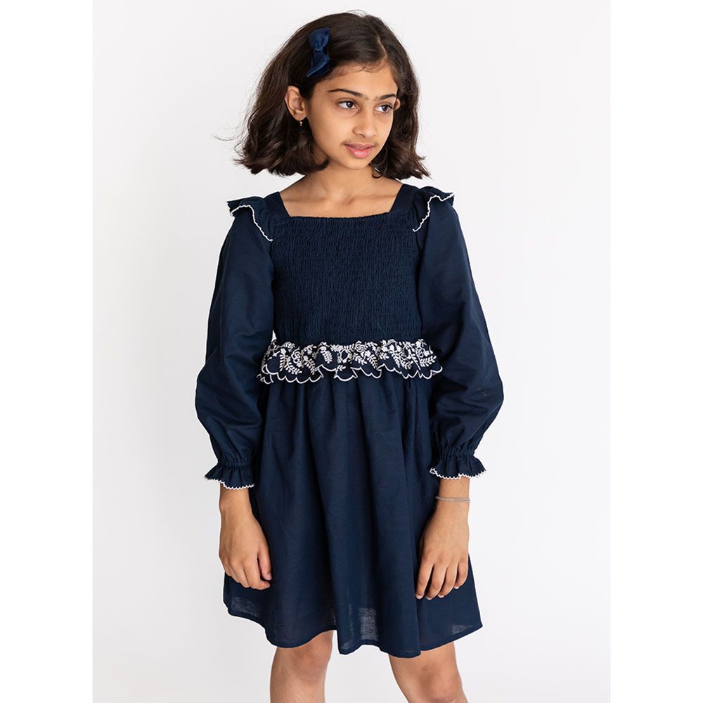 A Little Fable - Voila Smocked Dress - Navy Blue