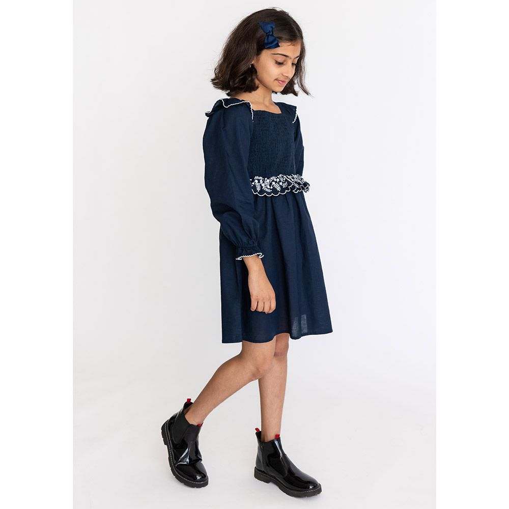 A Little Fable - Voila Smocked Dress - Navy Blue