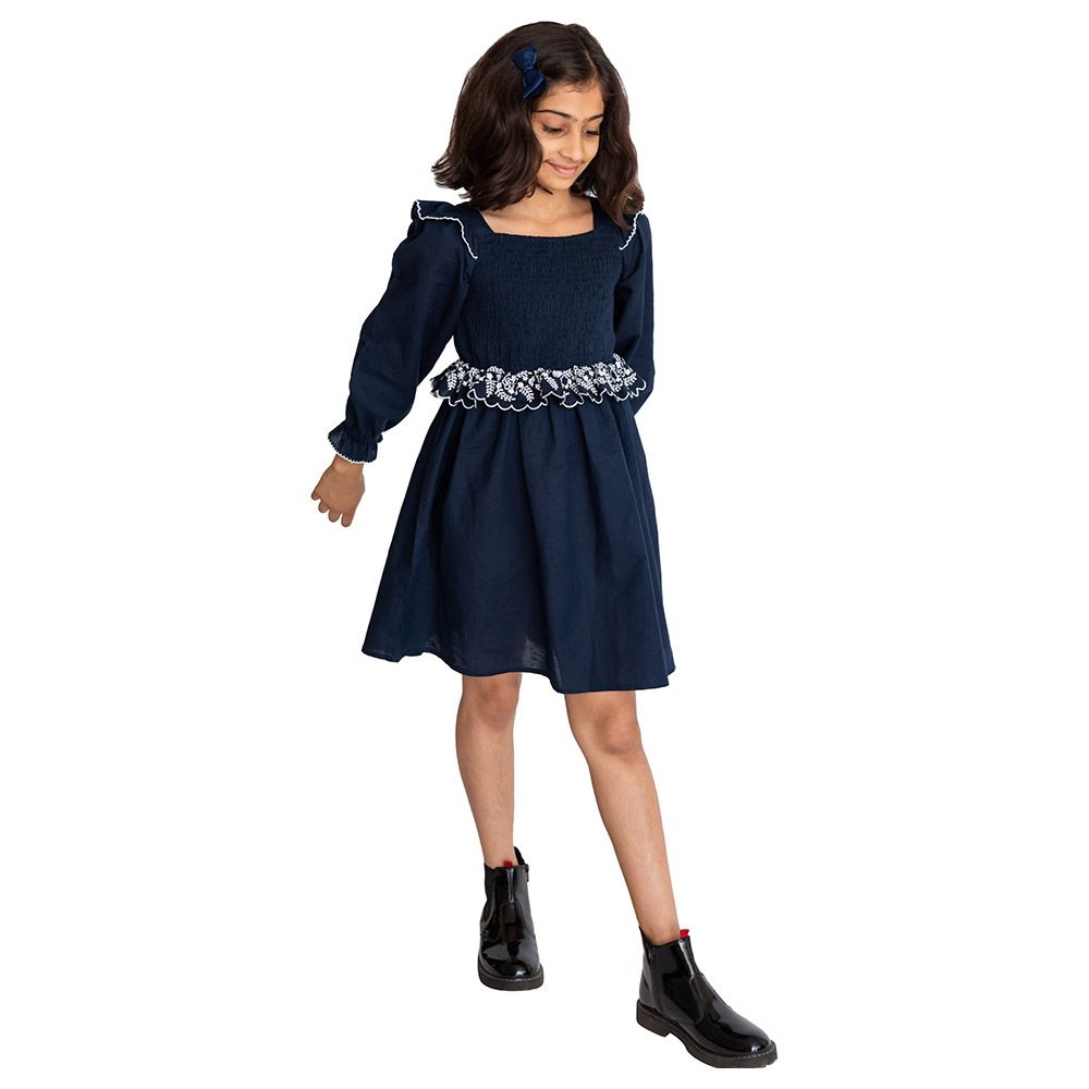 A Little Fable - Voila Smocked Dress - Navy Blue