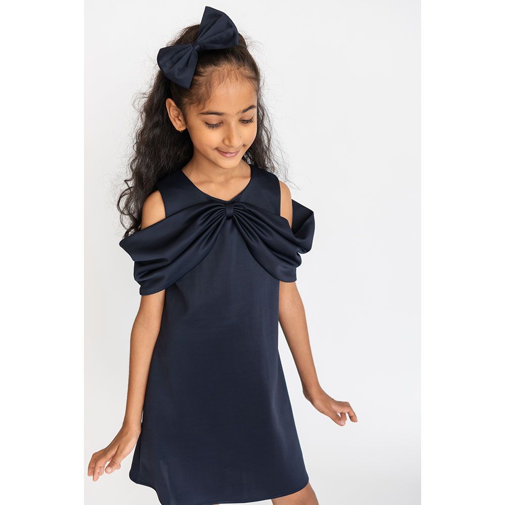 A Little Fable - Girls Solid Bow Dress - Navy Blue