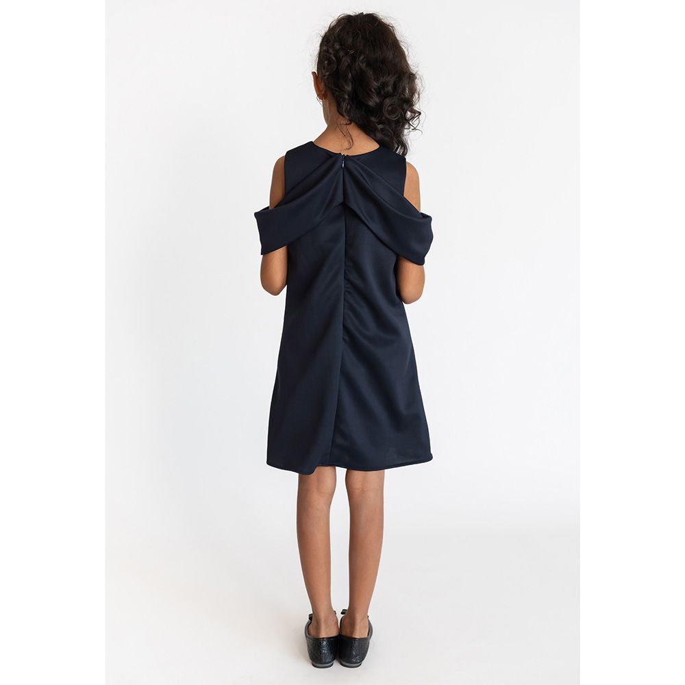 A Little Fable - Girls Solid Bow Dress - Navy Blue