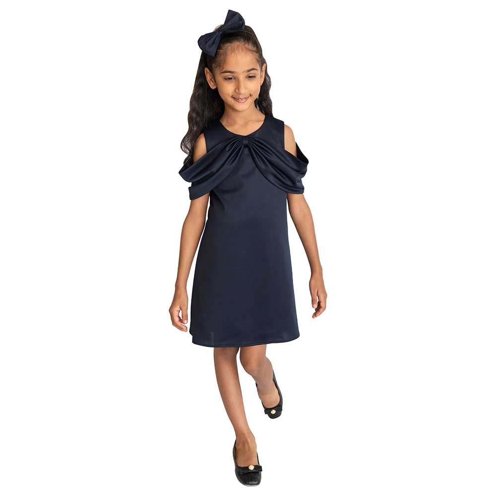 A Little Fable - Girls Solid Bow Dress - Navy Blue