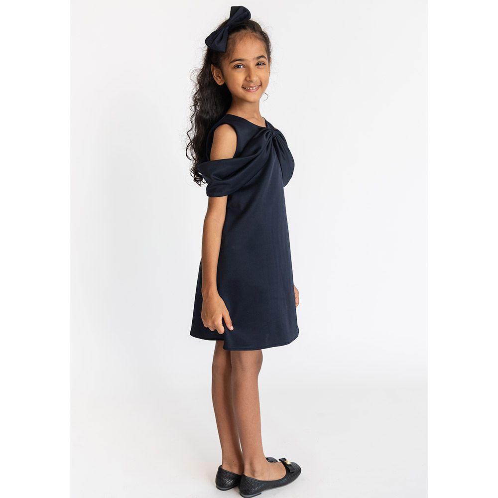 A Little Fable - Girls Solid Bow Dress - Navy Blue