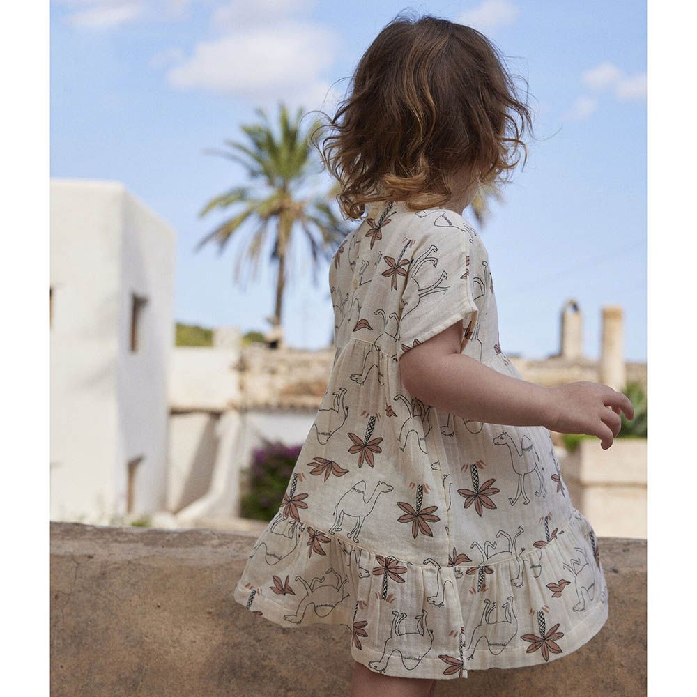 Petit Bateau - Short-Sleeves Cotton Printed Dress - Beige