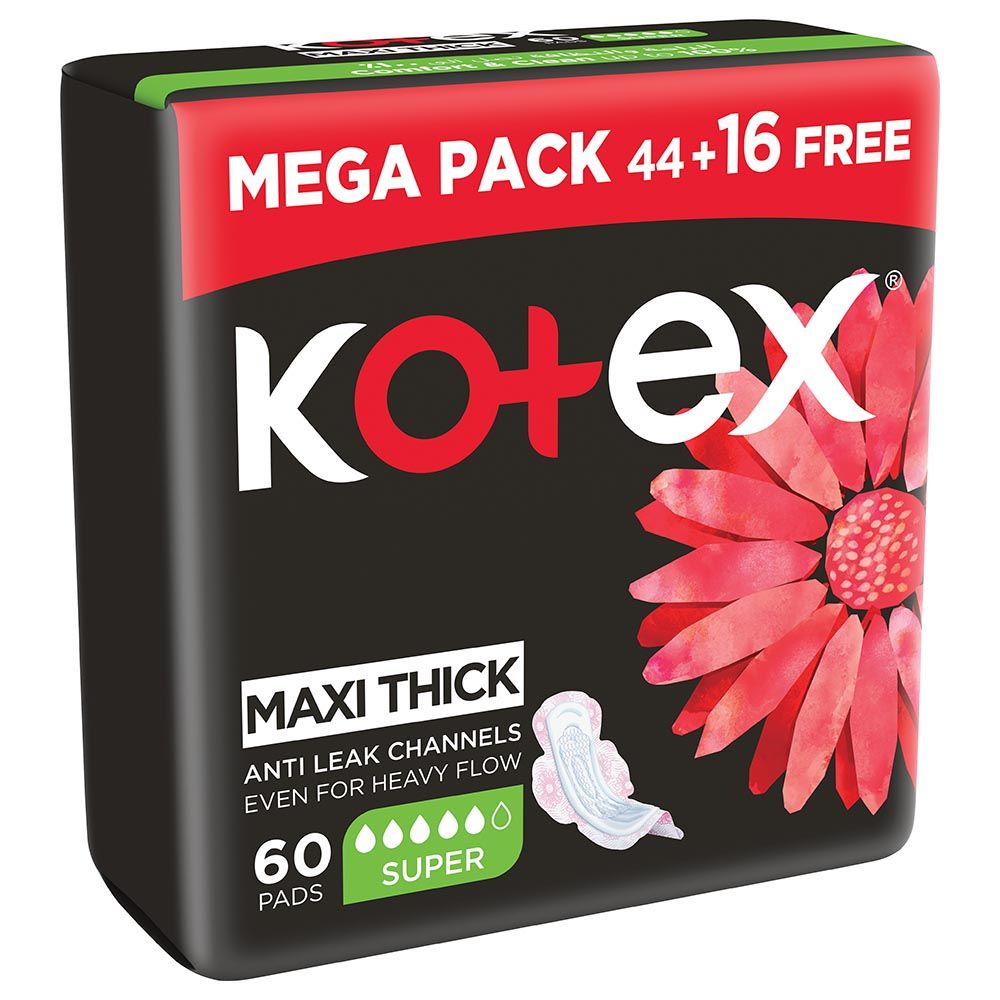 Kotex - Maxi Protect Thick Pads, Super Size Sanitary Pads with Wings, 60 Sanitary Pads