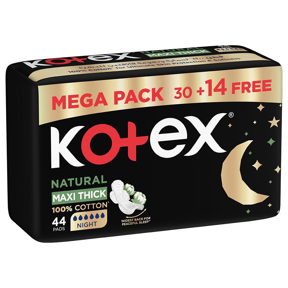 Kotex - Natural Maxi Protect Thick Pads, 100% Cotton Pad, Overnight Protection Sanitary Pads with Wings, 44 Sanitary Pads