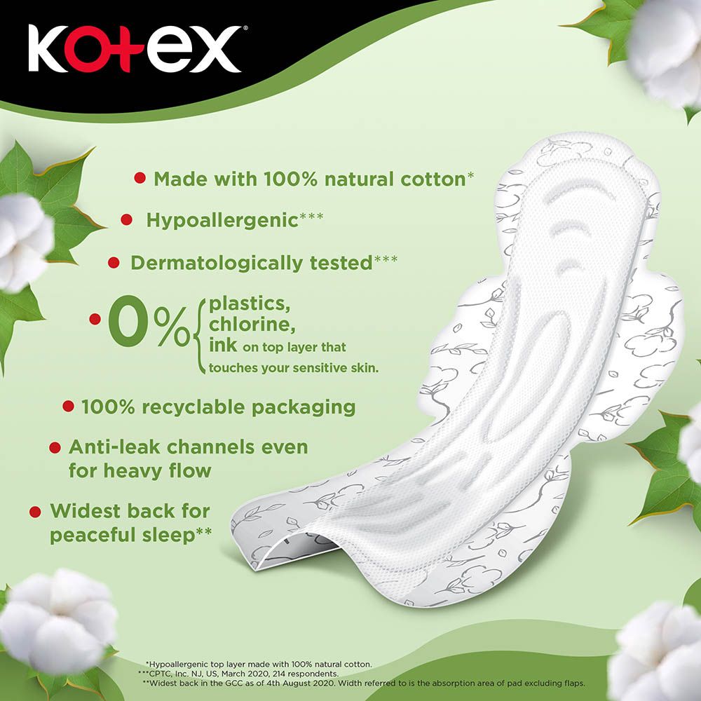 Kotex - Natural Maxi Protect Thick Pads, 100% Cotton Pad, Overnight Protection Sanitary Pads with Wings, 44 Sanitary Pads