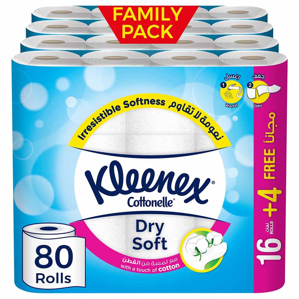 Kleenex - Dry Soft Toilet Tissue Paper, 2 PLY, 80 Rolls x 200 Sheets, Embossed Bathroom Tissue with a Touch Of Cotton