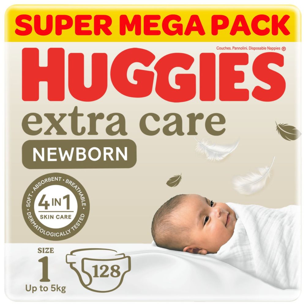 Huggies - Extra Care Newborn, Size 1, Up to 5 kg, Twin Jumbo Pack, 128 Diapers - Packaging May Vary