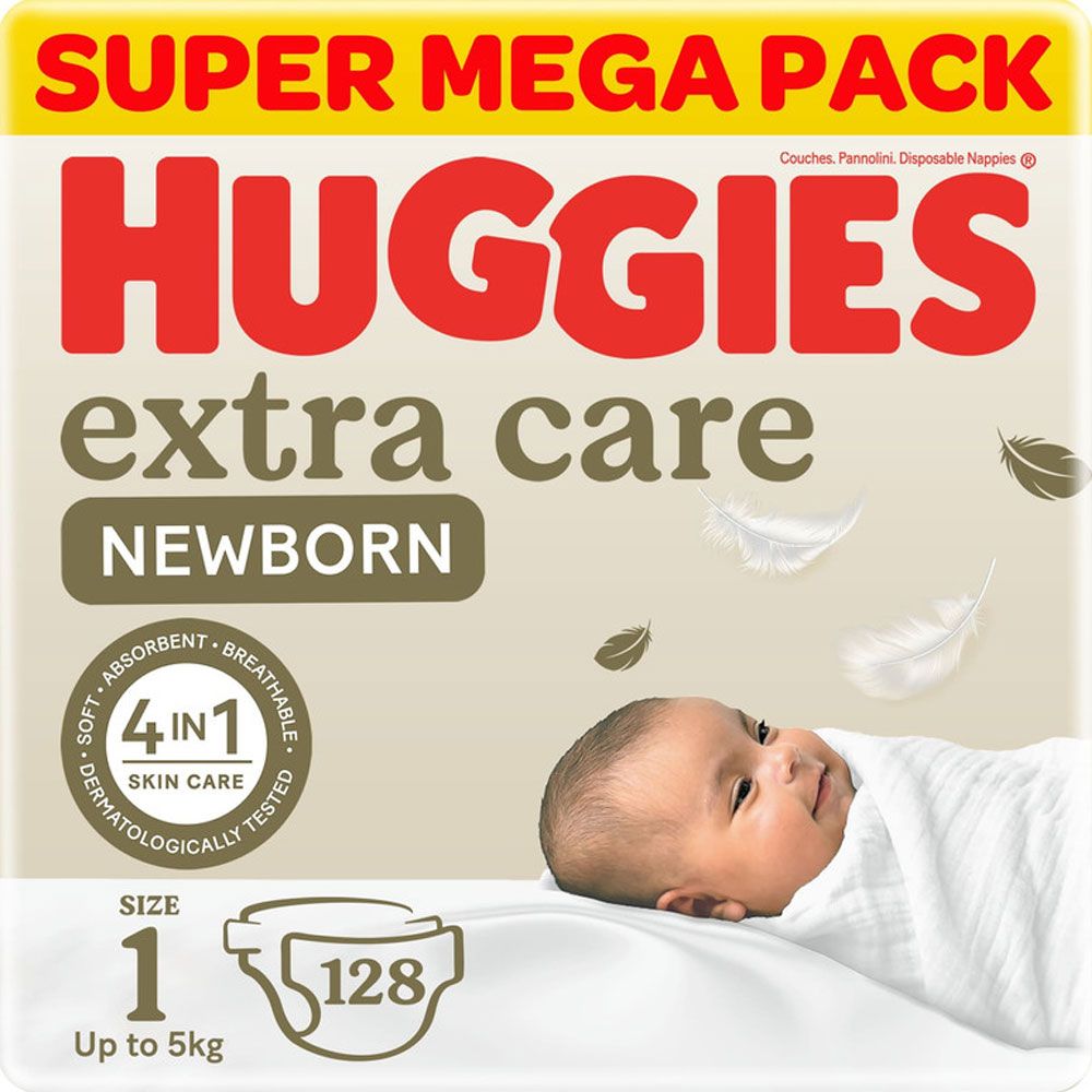 Huggies - Extra Care Newborn, Size 1, Up to 5 kg, Twin Jumbo Pack, 128 Diapers - Packaging May Vary