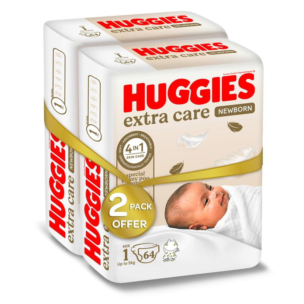 Huggies - Extra Care Newborn, Size 1, Up to 5 kg, Twin Jumbo Pack, 128 Diapers - Packaging May Vary