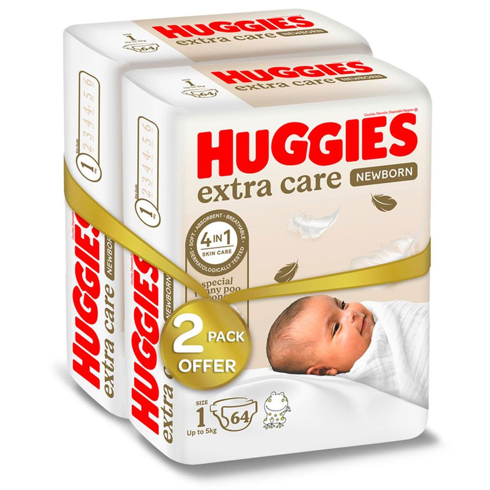 Huggies - Extra Care Newborn, Size 1, Up to 5 kg, Twin Jumbo Pack, 128 Diapers - Packaging May Vary