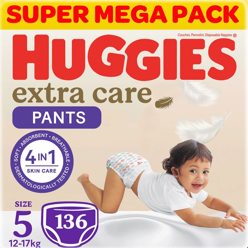 Huggies - Extra Care Culottes, Size 5, 12-17 kg, Super Mega Pack, 136 Diaper Pants - Packaging May Vary