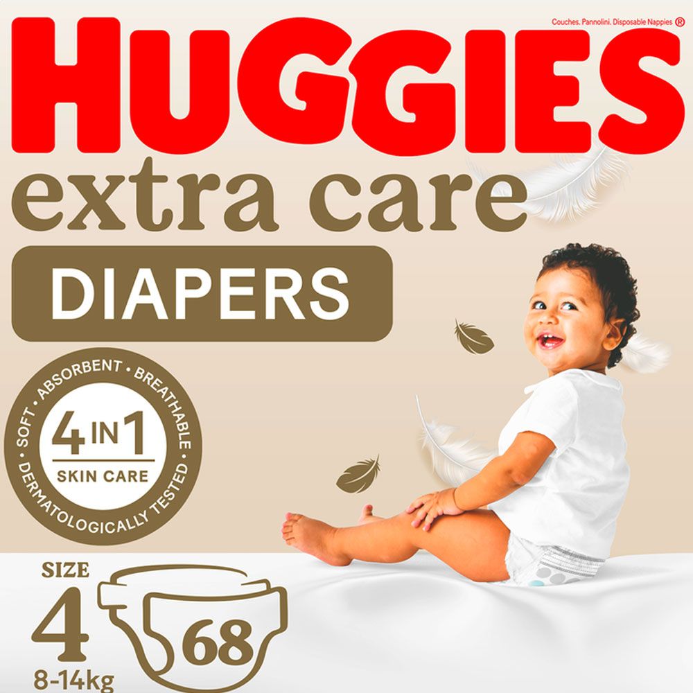 Huggies - Extra Care Baby Diapers, Size 4, 8 -14 kg, Jumbo Pack, 68 Diapers - Packaging May Vary