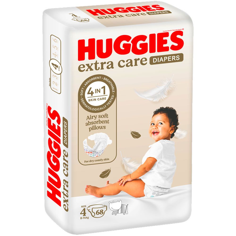 Huggies - Extra Care Baby Diapers, Size 4, 8 -14 kg, Jumbo Pack, 68 Diapers - Packaging May Vary