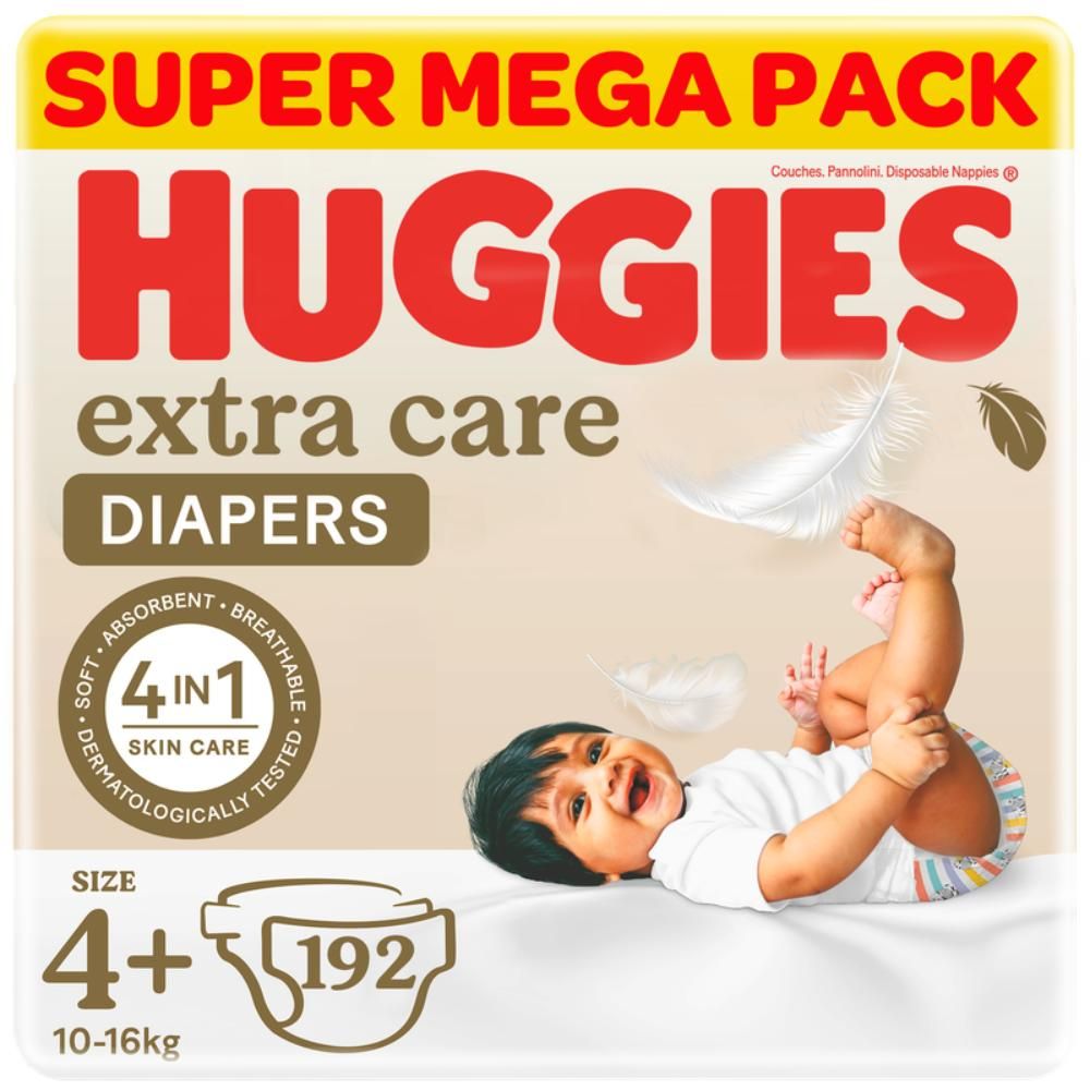 Huggies - Extra Care, Size 4+, 10 -16 kg, Super Mega Pack of 3 - 192 Diapers