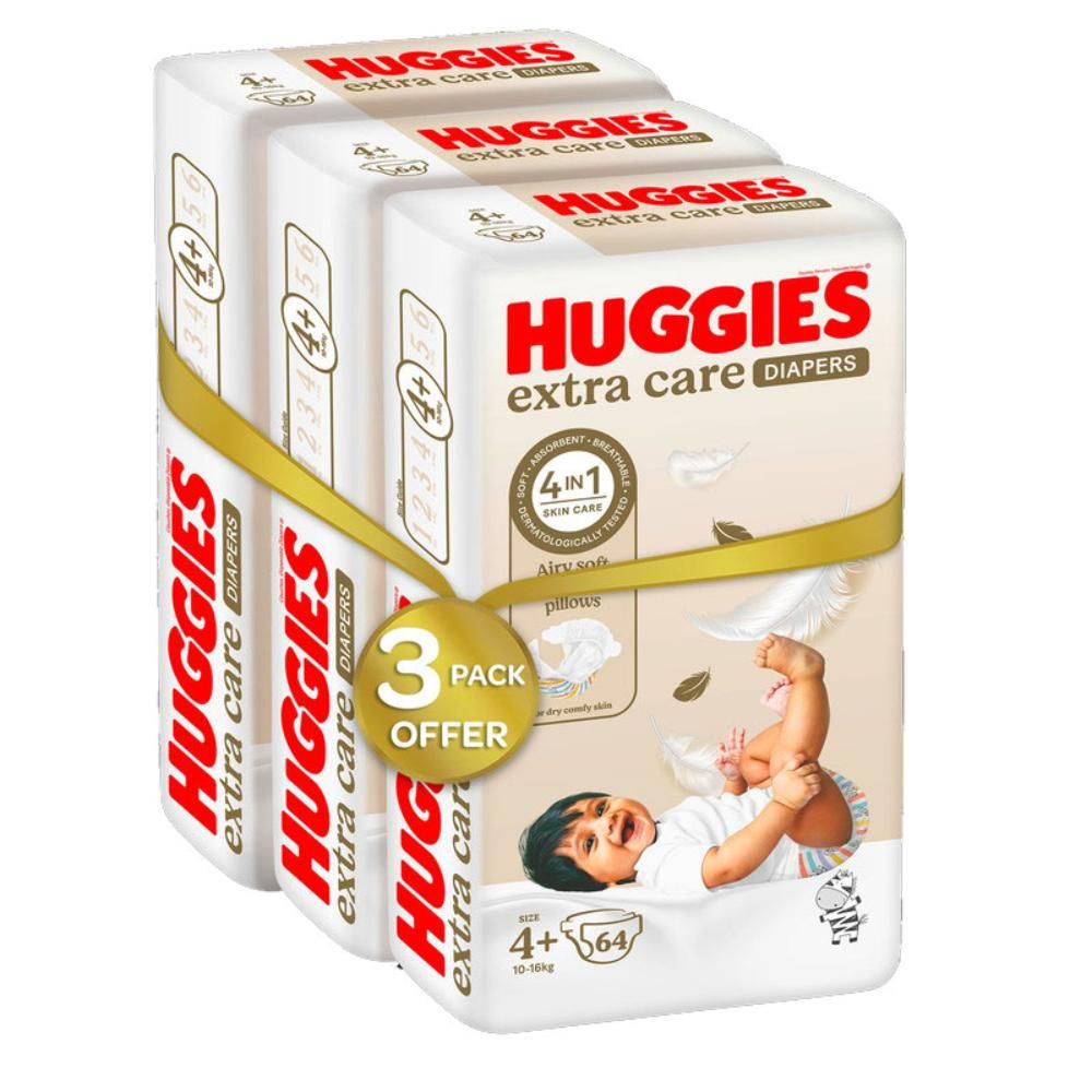 Huggies - Extra Care, Size 4+, 10 -16 kg, Super Mega Pack of 3 - 192 Diapers