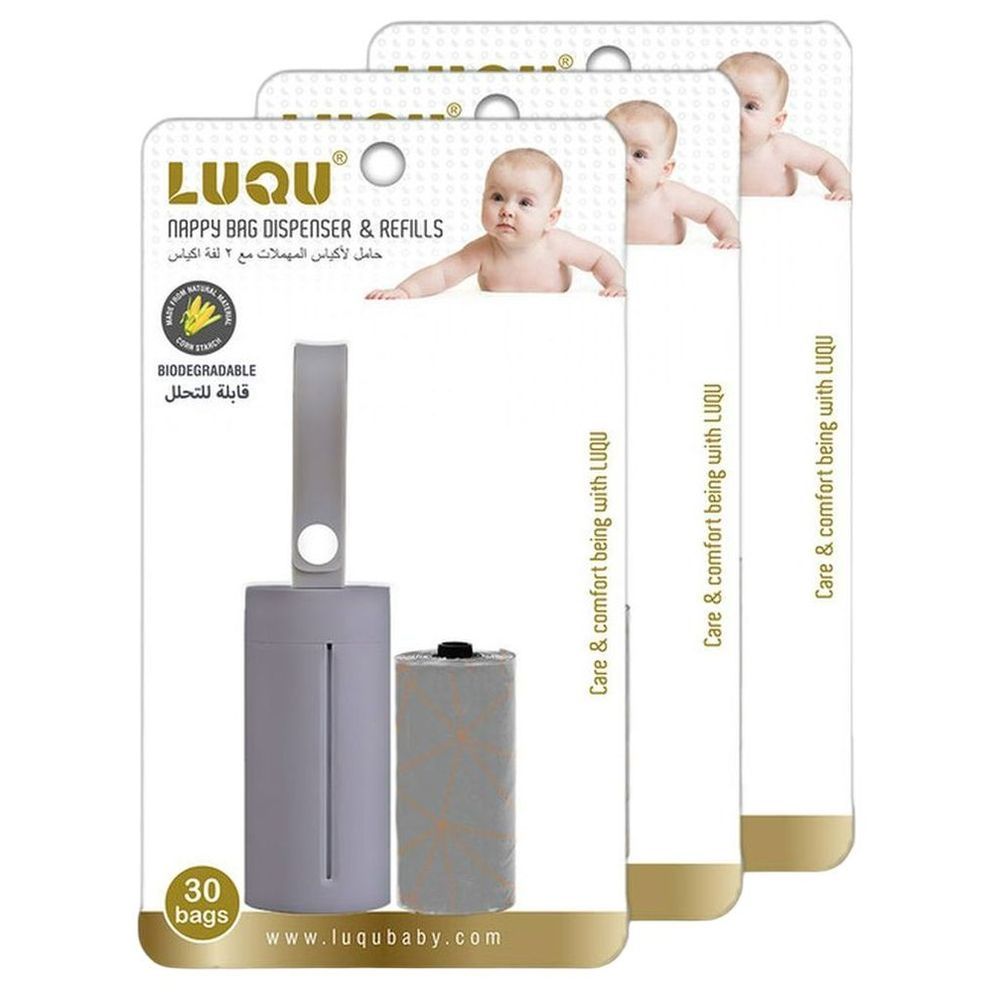 Luqu - Nappy Bag Dispenser with 2 Biodegradable-Disposable Refills - Grey - Pack of 3