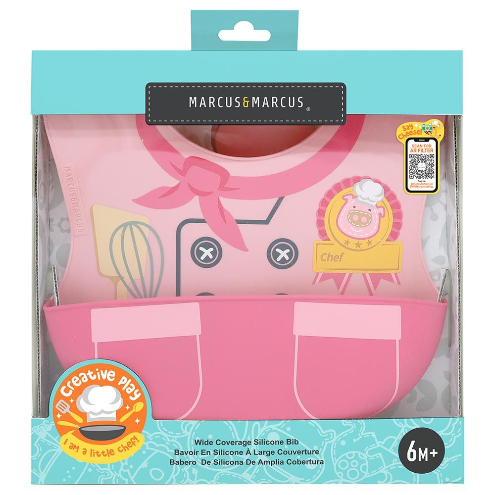 Marcus & Marcus - Wide Coverage Silicone Bib - Little Chef - Pink