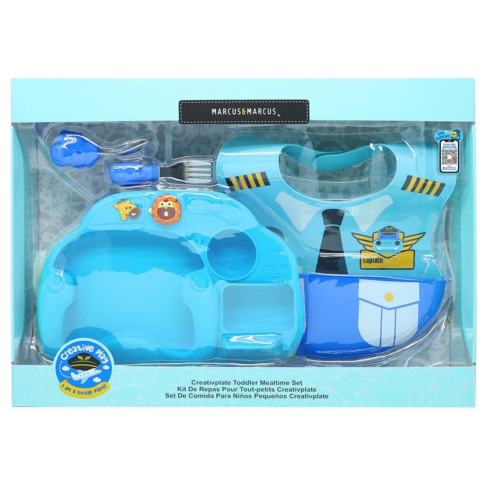 Marcus & Marcus - Silicone Creative Little Pilot Meal Time Set Gift - Lucas