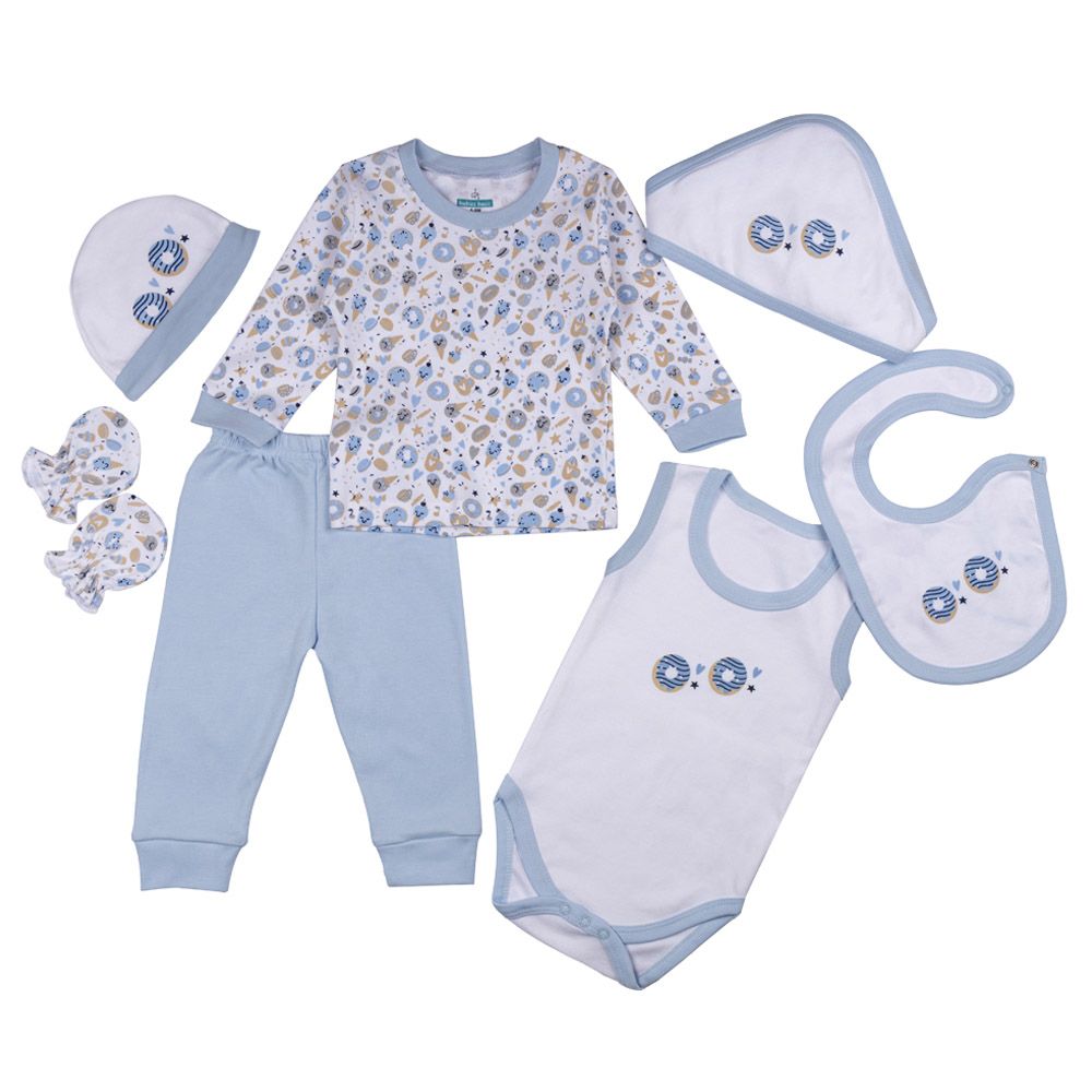 Babies Basic - 7pc-Set - Unisex 100% Cotton Gift Box - Blue