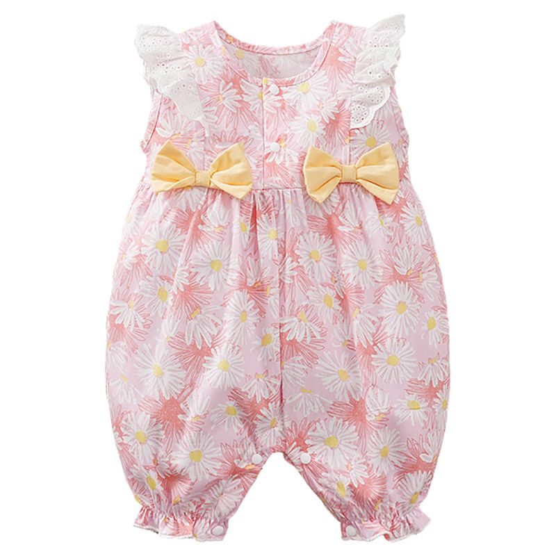 Sugar Rush - Appliqued Round Neck Cap Sleeves Romper - Pink