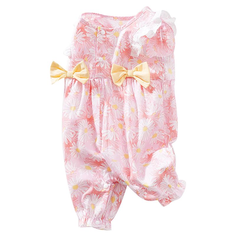 Sugar Rush - Appliqued Round Neck Cap Sleeves Romper - Pink