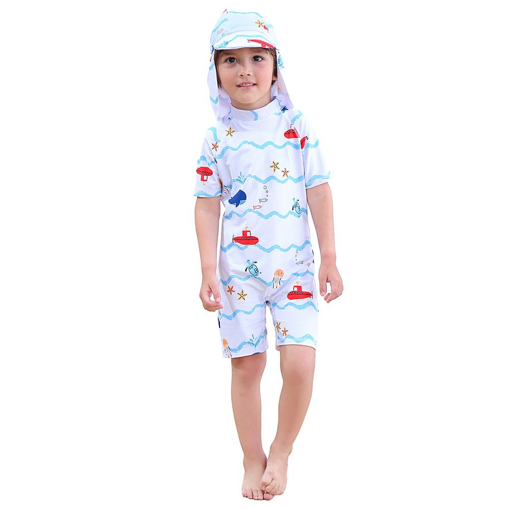 Sugar Rush - Printed Swimsuits With Caps - White