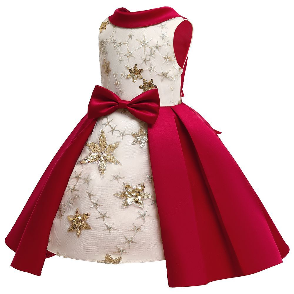 Sugar Rush - Star Printed Party Dress - Maroon_2-10y