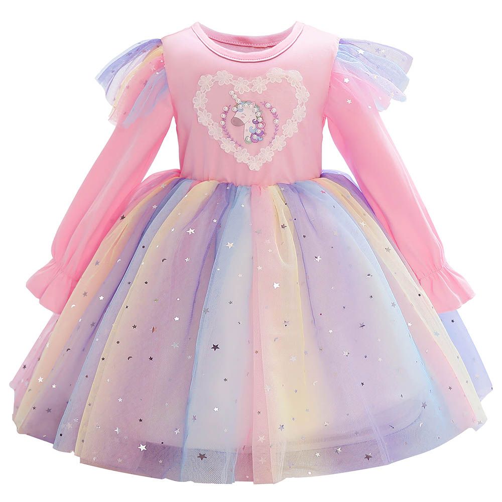 Sugar Rush - Round Neck Full Sleeves Party Dress - Pink_3-9y