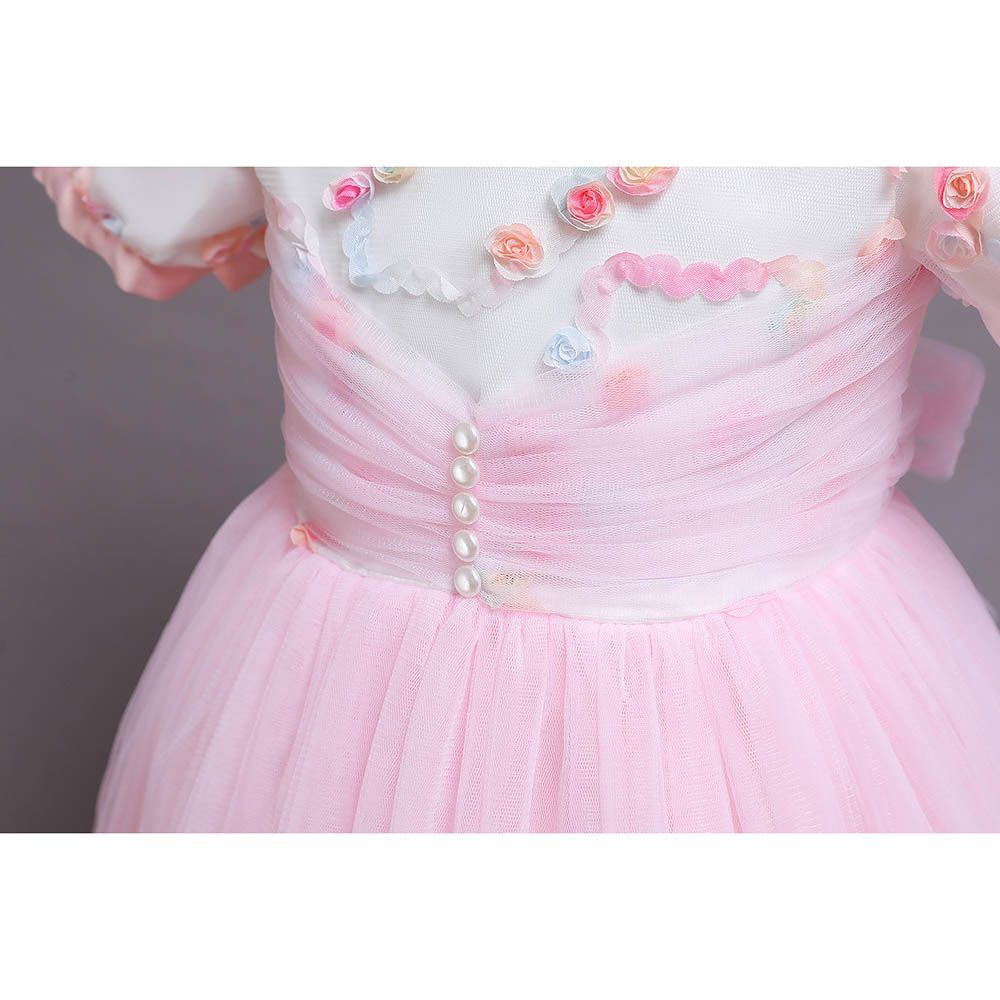 Sugar Rush - Appliqued Puff Sleeves Party Dress - Pink