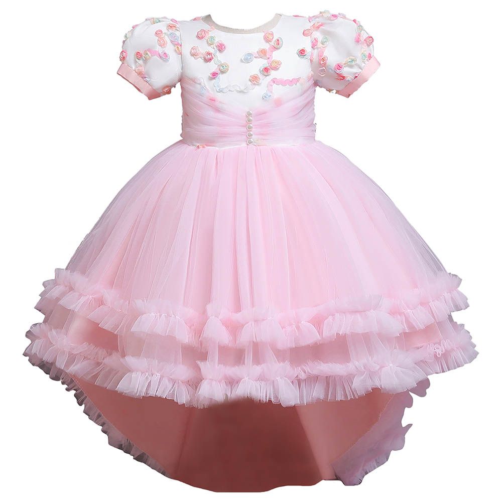 Sugar Rush - Appliqued Puff Sleeves Party Dress - Pink