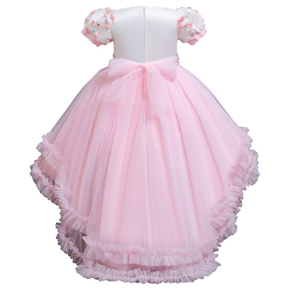 Sugar Rush - Appliqued Puff Sleeves Party Dress - Pink