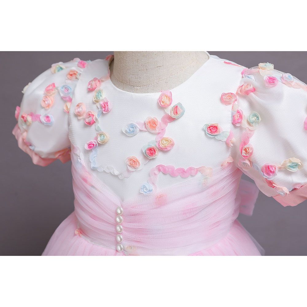 Sugar Rush - Appliqued Puff Sleeves Party Dress - Pink