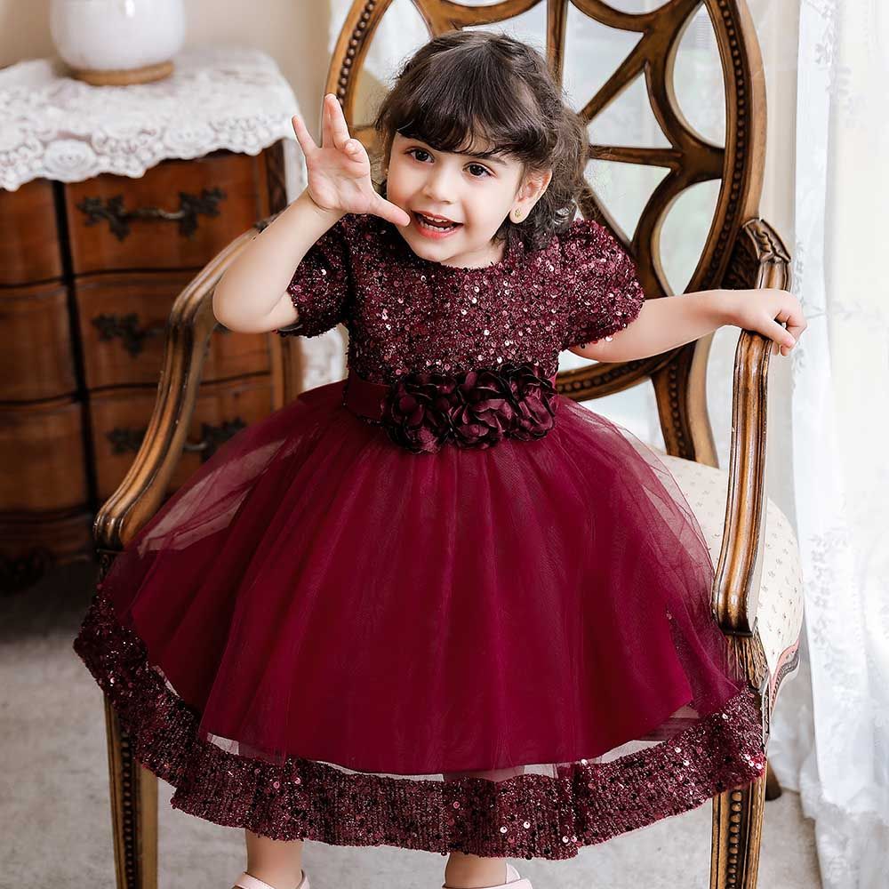 Sugar Rush - Appliqued Round Neck Party Dress - Maroon