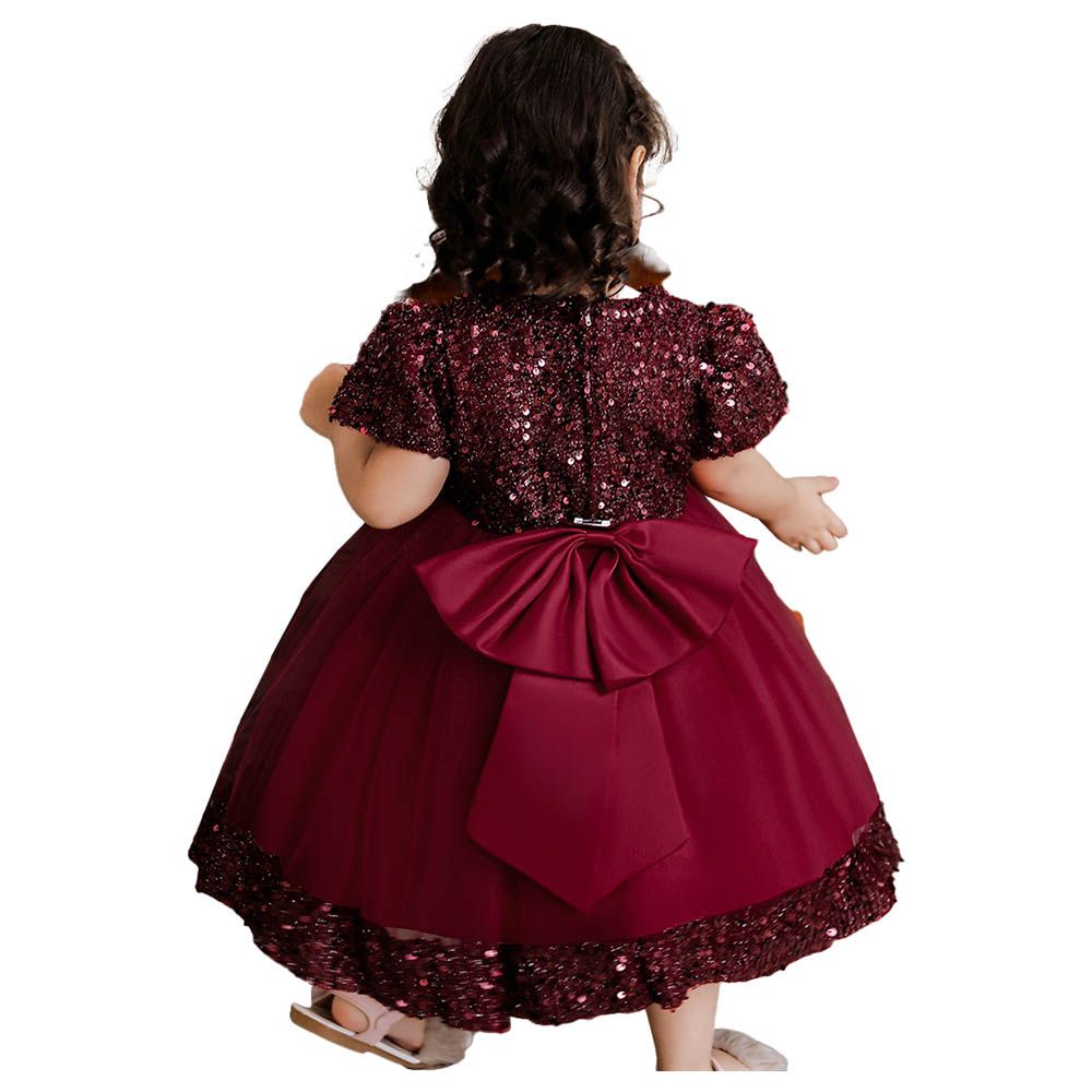 Sugar Rush - Appliqued Round Neck Party Dress - Maroon