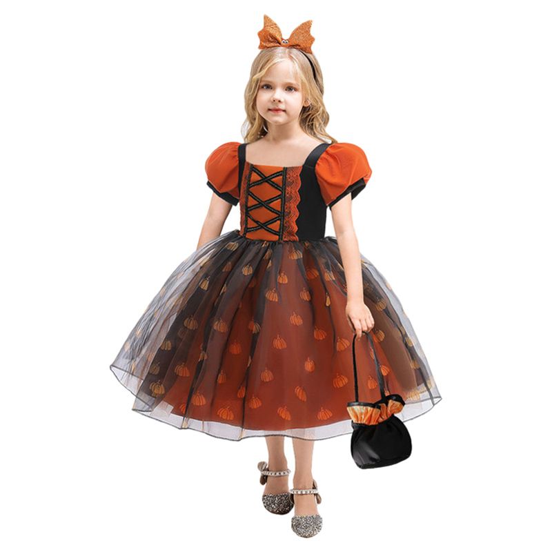 Sugar Rush - Appliqued Halloween Print Party Dress - Orange