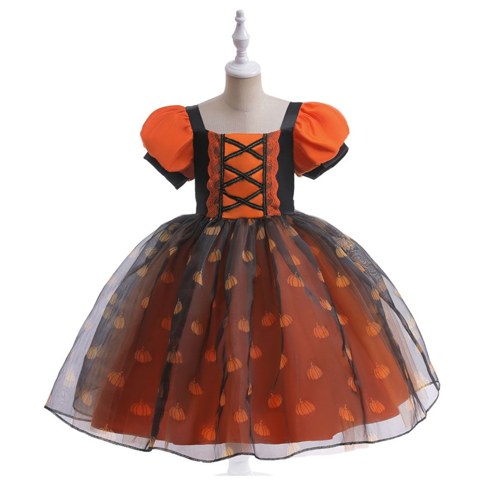 Sugar Rush - Appliqued Halloween Print Party Dress - Orange