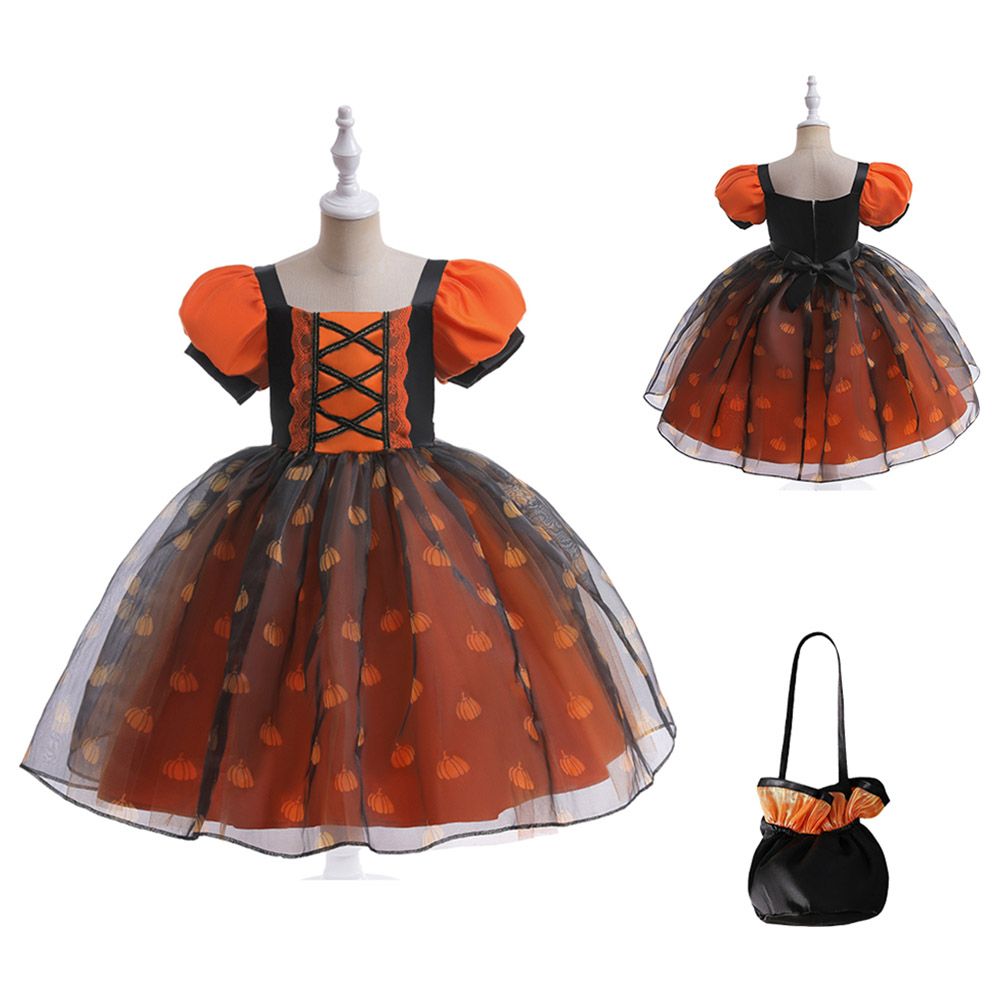 Sugar Rush - Appliqued Halloween Print Party Dress - Orange