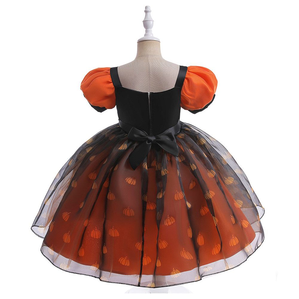 Sugar Rush - Appliqued Halloween Print Party Dress - Orange