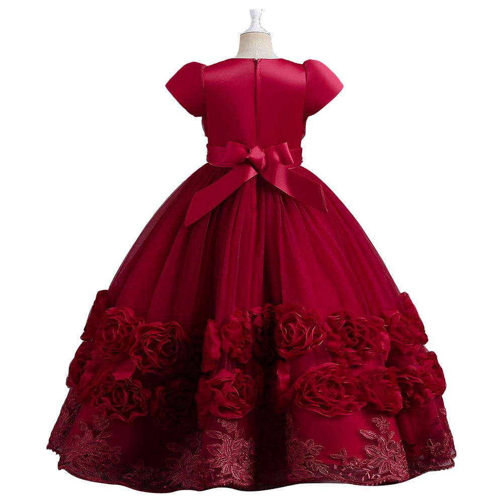 Sugar Rush - Appliqued Short Sleeves Party Dress - Maroon