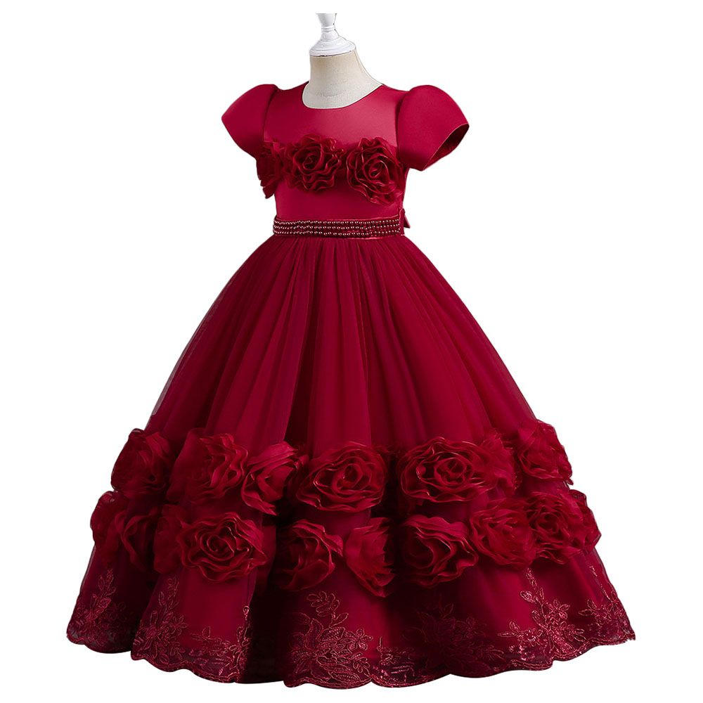 Sugar Rush - Appliqued Short Sleeves Party Dress - Maroon