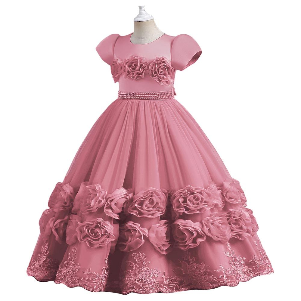 Sugar Rush - Appliqued Short Sleeves Party Dress - Pink