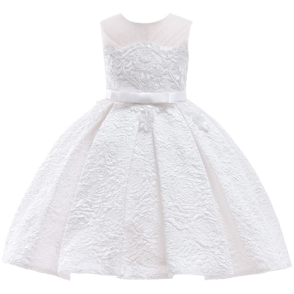 Sugar Rush - Embroidered Regular Round Neck Sleeveless Party Dress - White