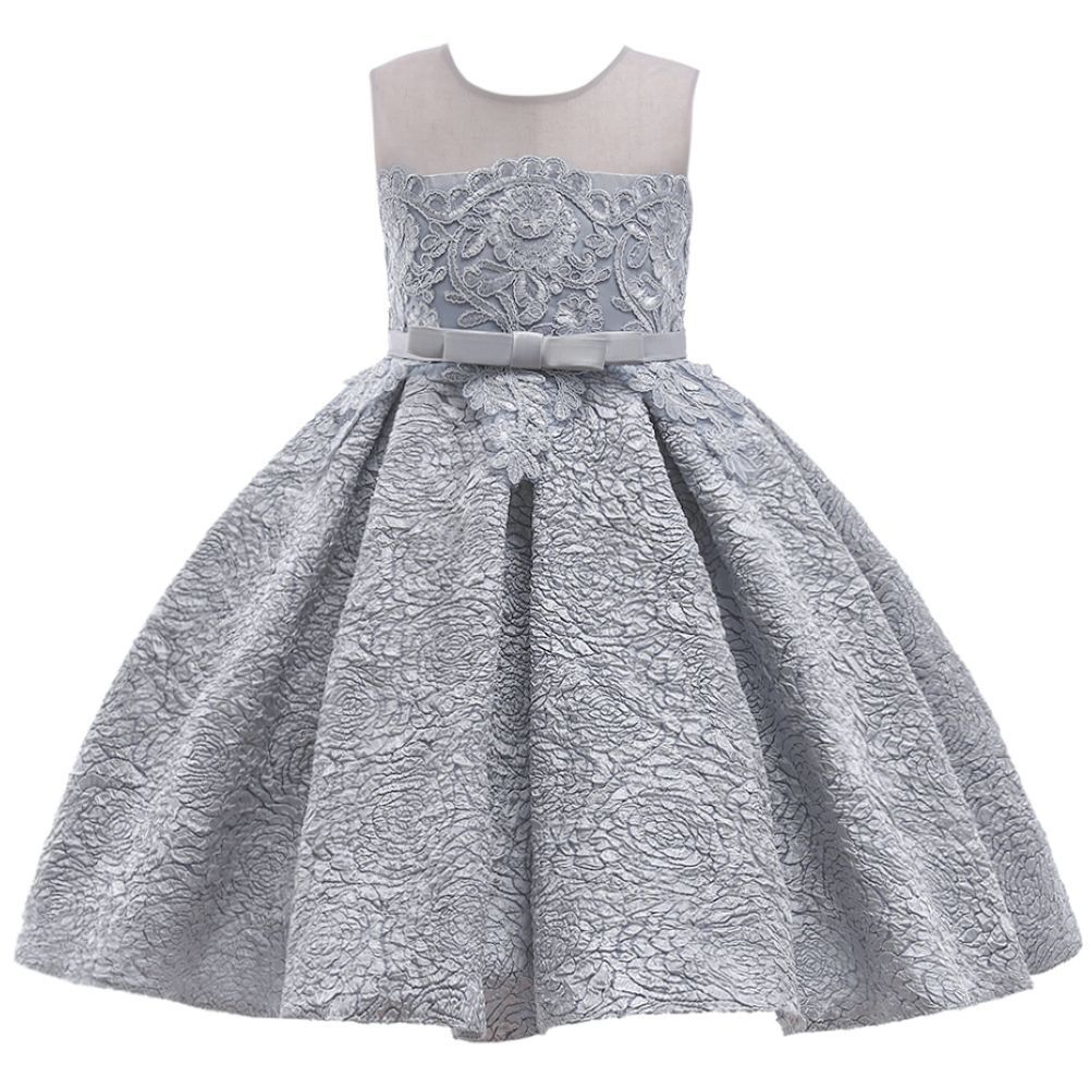 Sugar Rush - Embroidered Regular Round Neck Sleeveless Party Dress - Grey