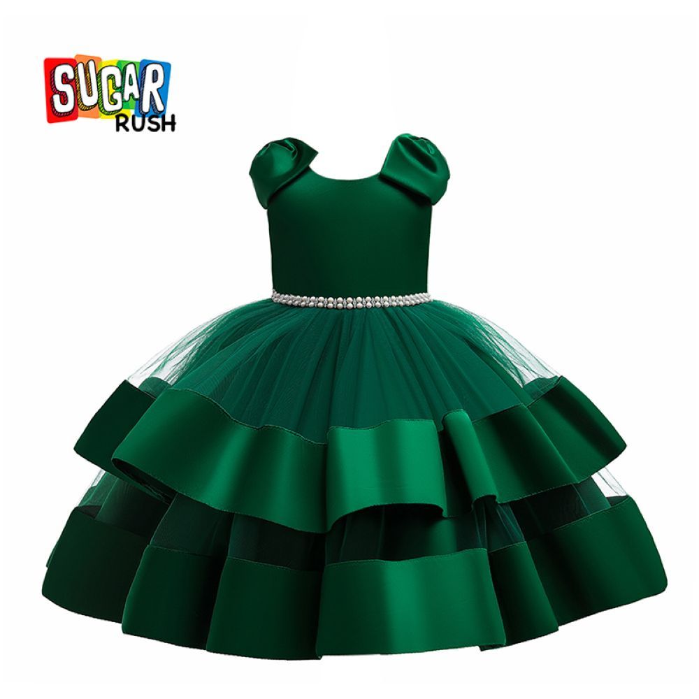 Sugar Rush - Appliqued Regular Round Neck Cap Sleeves Party Dress - Green