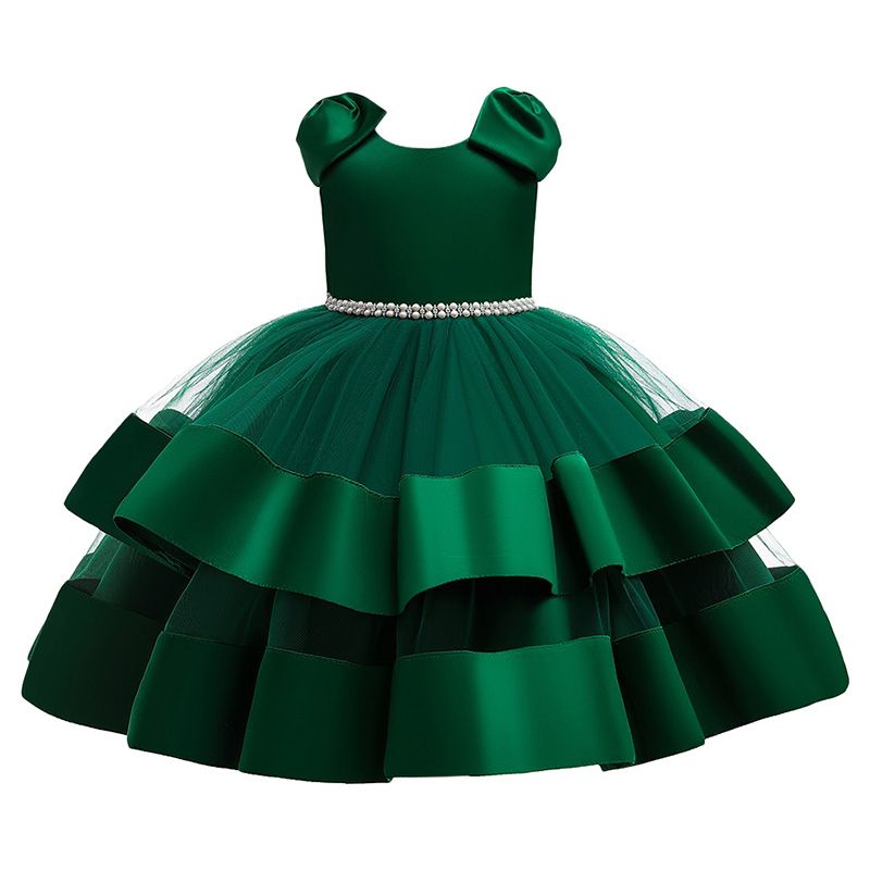 Sugar Rush - Appliqued Regular Round Neck Cap Sleeves Party Dress - Green