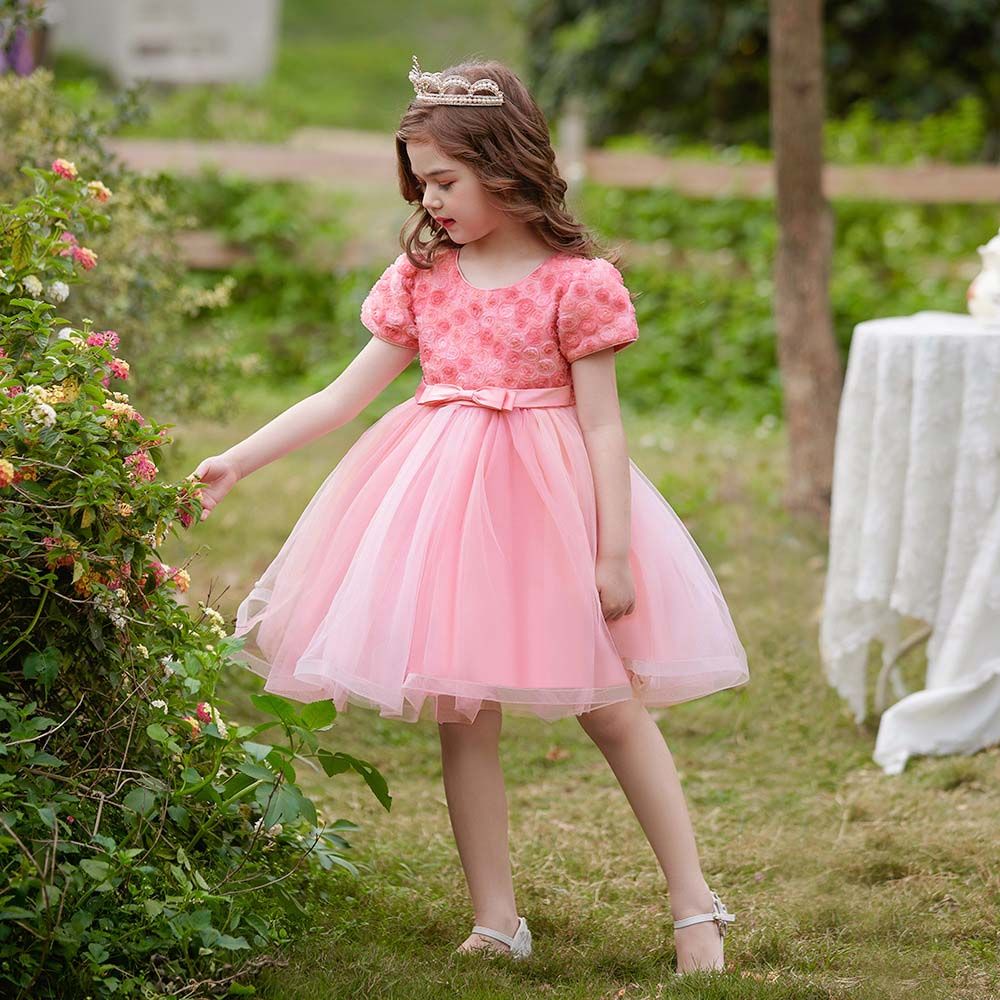 Sugar Rush - Appliqued Short Sleeves Party Dress - Light Pink