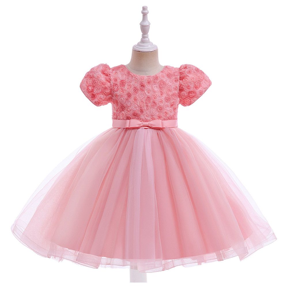 Sugar Rush - Appliqued Short Sleeves Party Dress - Light Pink