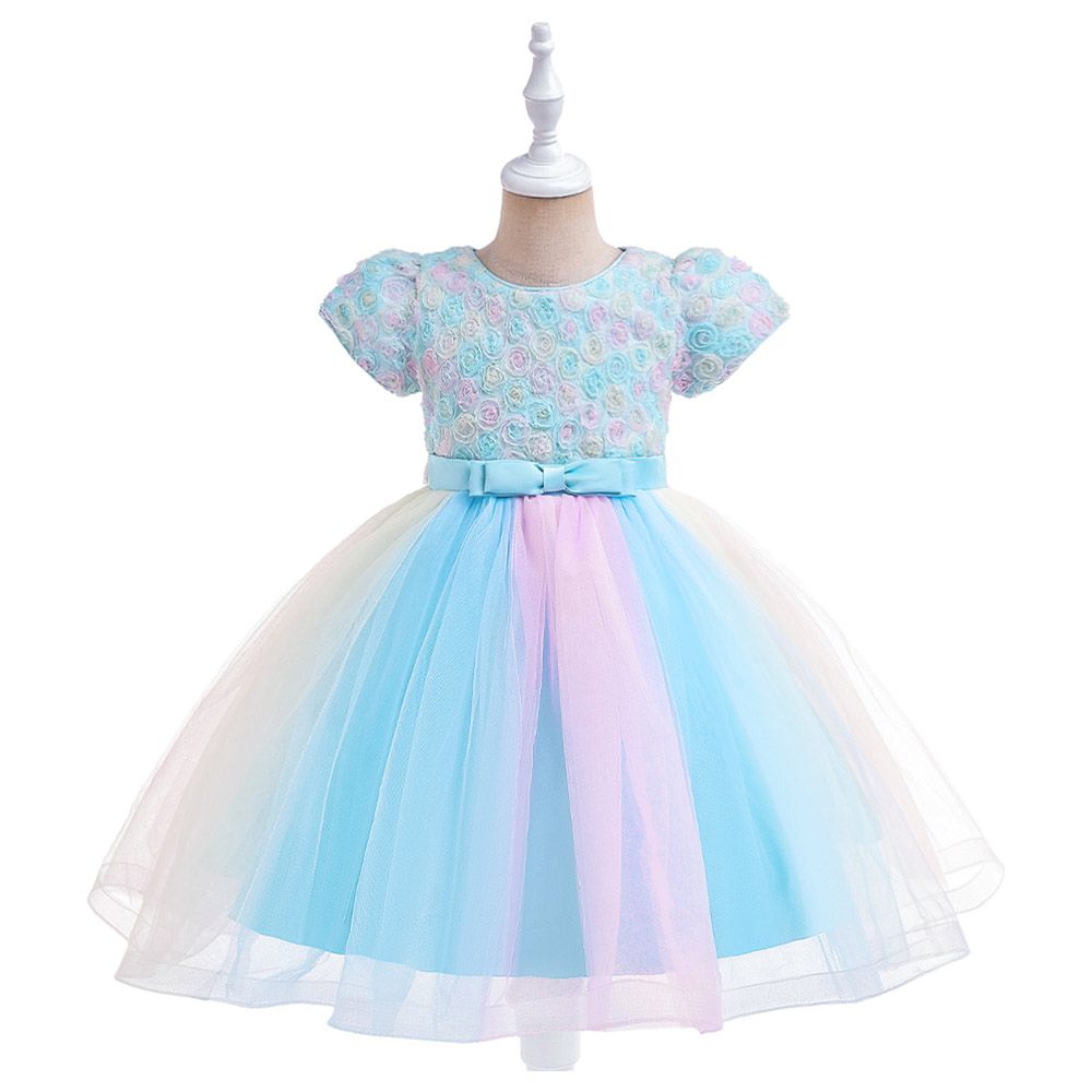 Sugar Rush - Appliqued Short Sleeves Party Dress - Blue